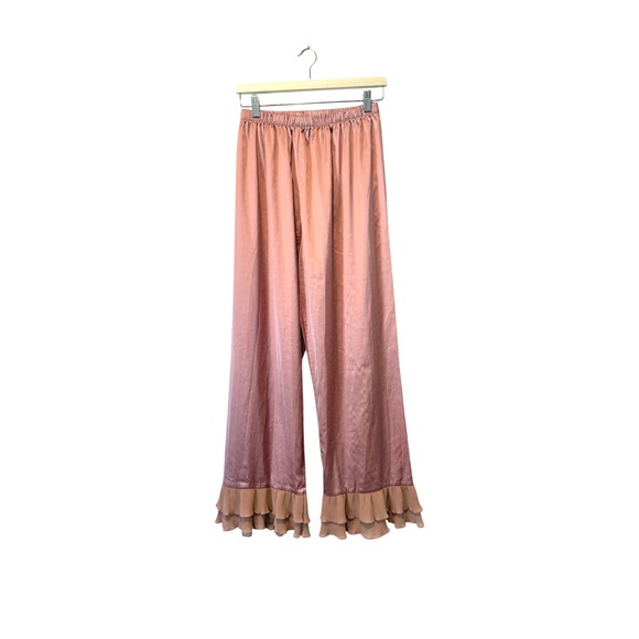 Pants - Dusty Rose Satin Wide Leg Lounge Pants Ruffle Pleated Hem Pink Women L